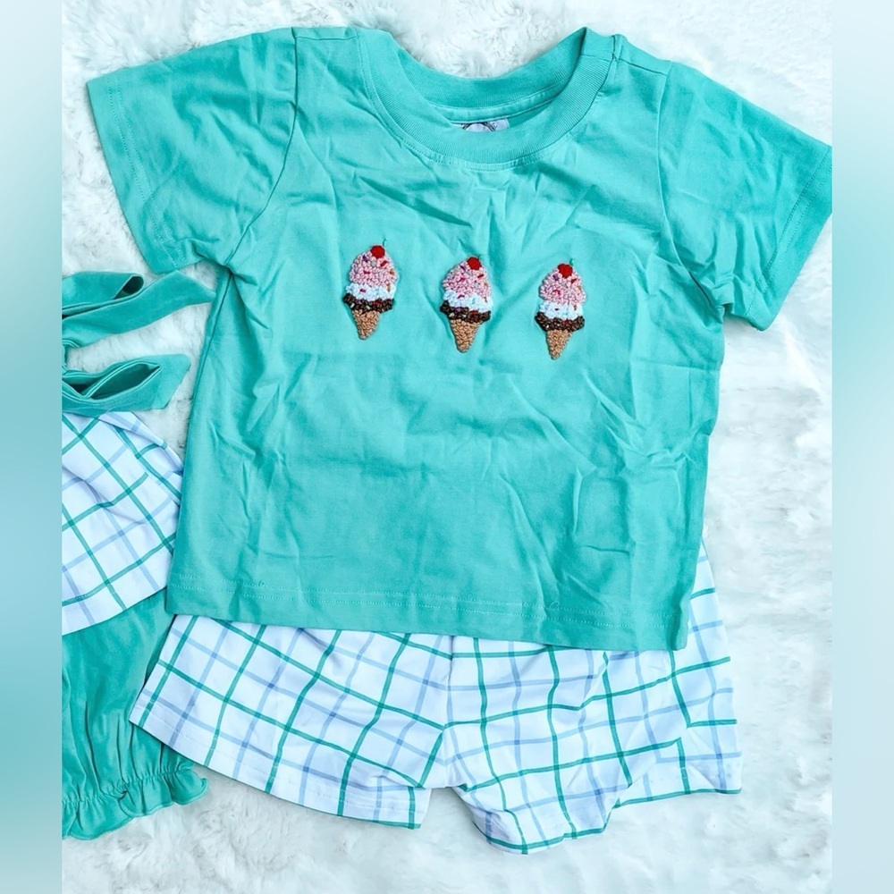 Mint Green Tee with Ice Cream French Knot